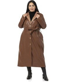 Resim Büyük Beden Yakası Garnili Yandan Cepli Astarlı Deri Kahverengi Uzun Kaban-kahverengi Kahverengi 