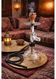 Resim Modern Cam Nargile Takımı 55 Cm Şeffaf Taban 19 Cm Seramik Lüleli, Kalın Hortumlu Premium Nargile Seti 