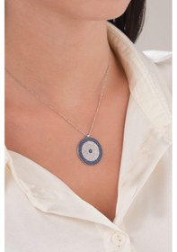 Resim 25 Mm Gümüş Mavi Lacivert Zirkon Taşlı Göz Nazar Boncuğu Boncuklu Kolye 