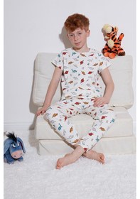 Resim Lela Desenli % 100 Pamuk Bisiklet Yaka Erkek Çocuk Pijama Takımı 6651001 Ekru-Kırmızı 