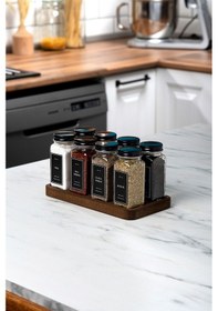 Resim Mienda Home 8'li Ahşap Standlı Cam Baharatlık Seti Siyah Kapaklı Etiketli Baharatlık Mh01syh08 Siyah - Şeffaf 