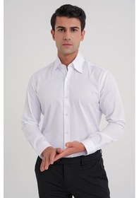 Resim G 565 Slim Fit Dik Yaka Pamuk Saten Uzun Kol Klasik Beyaz Gömlek Beyaz 