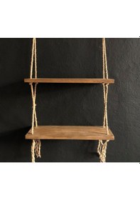 Resim O&Awood Halatlı Doğal Ahşap Dekoratif Duvar Rafı, 2 Katlı Ahşap Çiçeklik, (497953687) 