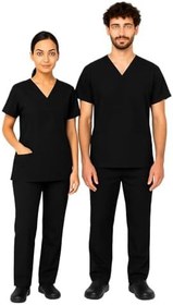 Resim Doktor Hemşire Üniforma Takımı, Yarasa Kol Üst, Lastikli Pantolon, Siyah, Likralı, Unisex, Çok Cepli, Soft Lycra 