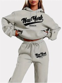 Resim WOODROFFE New York Brooklyn Baskılı Kapüşonlu Alt Üst Oversize Kadın Siyah Gri Eşofman Takımı 