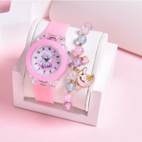 Resim Sunshine022 Pembe Kedi Kalpli Ve Ay Tavşanlı Led Işıklı Kız Çocuk Kol Saati Diğer 
