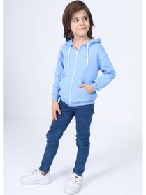 Resim Toontoy Kids Toontoy Erkek Çocuk Kapüşonlu Fermuarlı Cepli Düşük Omuz Baskılı Örme Hırka - 3 İplik Şardonsuz Mavi 