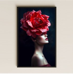Resim Kırmızı Güllü Profil Kadın Portresi Temalı Sanatsal Pleksi Tablo 