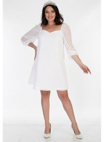 Resim Astarlı Şifon Prenses Kol Elbise-1418 Beyaz 