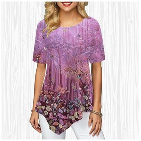 Resim Gri Kadın Büyük Beden Bayanlar Tee Gömlek Çiçek Denizi Baskı Gevşek Rahat Üstleri Kadın Düzensiz Yaz Giysileri Gri 