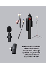 Resim MegaSepet Mey İthalat® Kablosuz Çift Yaka Mikrofonu ve Tripodlu Selfie Çubuğu İçerik Üretici Seti 