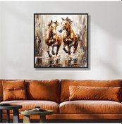 Resim Yağlı Boya Dokulu Tablo Koşan Kahverengi Atlar Siyah Çerçeveli U04025-178939 