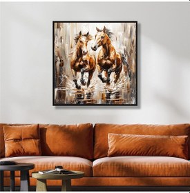 Resim Yağlı Boya Dokulu Tablo Koşan Kahverengi Atlar Siyah Çerçeveli U04025-178939 