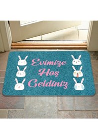Resim Dijital Baskılı Kapı Önü Paspas Hoşgeldiniz Yazılı Çiçek Desen Ve Tavşan Iç Ve Dış Kapı Yıkanabilir Mavi 