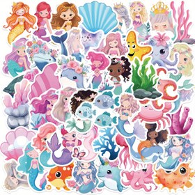 Resim 50 Adet Denizkızı Okyanus Hayvanları Sevimli Komik Aşık Karikatür Sanatı Havalı Estetik Su Geçirmez Etiketler Paketi Yetişkinler için Bavul, Su Şişesi, Laptop, Kaykay ve Bagaj Süsleme Parti Dekorasyonu 