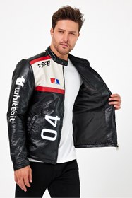 Resim Black Level Erkek Oversize Puf Deri Yarışçı Ceket Kolej Mont Baskılı Fermuarlı Bomber Mont 