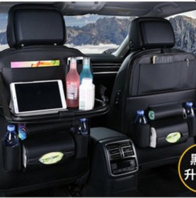 Resim Siyah Çok Cep Araba Koltuğu Arka Asılı Organizatör Çantası Evrensel Oto Pu Deri Depolama Tutucu Çanta Katlanabilir Raf 