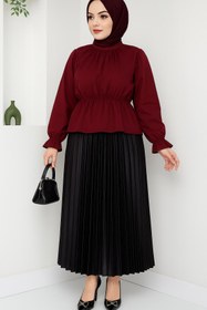 Resim CNG MODA Tesettür Bel Lastikli Bordo Kısa Gömlek 