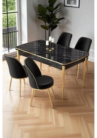 Resim Canisa Nira Serisi 70x114 Mdf Siyah Mermer Desen Mutfak Masa Takımı 4 Siyah Sandalye Gold Detay Siyah Mermer Desen Siyah Sandalye Ayaklar Gold 