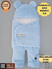 Resim Bebek Dış Kundak Battaniyesi Welsoft Ekstra Uzun Kışlık Peluş Ayakları Açılabilen Uyku Tulumu 0-12ay Mavi 