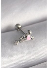 Resim Ceylan Adam 316l Çelik Gümüş Renk Zirkon Taş Detay Pembe Kalp İşleme Tragus Piercing Çok Renkli 
