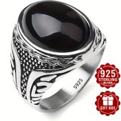 Resim 925 Ayar Gümüş Siyah Oniks Yüzük İçin Kadın ve Erkek, Oval Vintage Klasizm Kazıma Desenli Takılar Hediye Paketi 