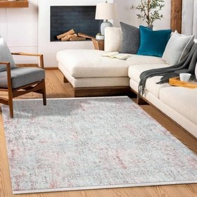 Resim Pembe Soyut Modern Geometrik Etnik Eskitme Desenli Boho Makinada Yıkanabilir Hafif Hav Toz Vermez Leke Tutmaz Kaymaz Taban Dijital Makine Baskı Halı Oturma Odası Salon Yolluk Koridor Mutfak Halısı 