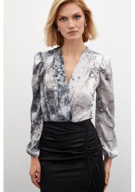Resim Sateen Çiçek Desenli Bodysuit Bluz - Gri Gri 
