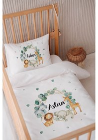 Resim %100 Pamuk Saten Isme Özel Isimli 100x150 Bebek Yatak Nevresim Seti Safari 1 