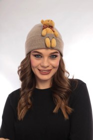 Resim Unisex Ayılı Spor Şık Tasarım Hediyelik Bebe Mavisi Bere Kahverengi 