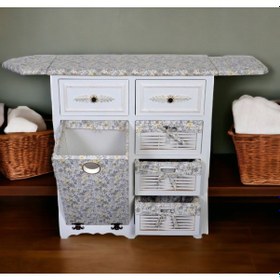 Resim Ahşap Kirli Sepetli Çekmeceli Dolaplı Ütü Masası Beyaz 