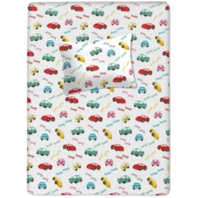 Resim %100 Pamuklu Bebek Lastikli Çarşaf 60x120+20 Bebek Yastık Kılıfı 35x45 Araba Desenli 