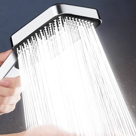 Resim 1 adet Kare Düğmeli Ayarlanabilir Duş Başlığı, Süper Şarjlı Duş Başlığı, Ev Su Isıtıcısı Sprey Duş Başlığı, El Duş Başlığı, Ayarlanabilir Su Çıkışlı Duş Başlığı, Banyo Donanımı, Banyo Aksesuarları 