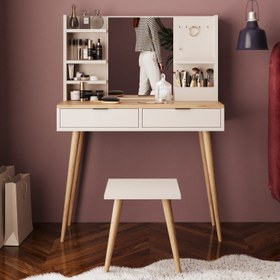 Resim Bimossa V40 Bella Tabureli Makyaj Masası - Meşe - Kumtaşı 