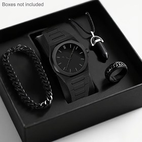 Resim 4 Parça Modern Minimalist Siyah Kuvars Saat Seti - Roma Rakamlı Kadran, Unisex İş ve Günlük Erkek ile Bayanlar için Silikon Kayışlı Zarif Hediye Paketi Dâhil (Doğum g 