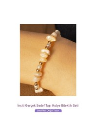 Resim Sertifikalı İncili Doğal Sedef Taşlı Doğal Taş Kolye Bileklik Set Çok Renkli 