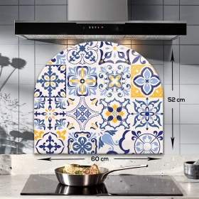 Resim Decorita Cam Ocak Arkası Koruyucu | Oval Şekilli | Mavi Çini Desen | 52CM x 60CM 