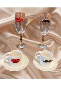 Resim Dudak Bıyık Kahve Fincanı Ve Su Kadehi Seti 