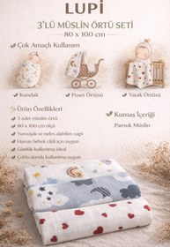 Resim lupi 80 x 100 cm 3 Adet Müslin Bez Çok Amaçlı Örtü Battaniye 