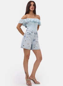 Resim Kadın Kot Rengi 4s6-3 Relax Mom Kuş Gözü Detaylı Tasarım Denim Şort - KOT / 38 