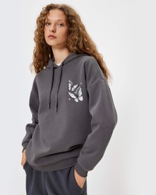 Resim Arkası Baskılı Sweatshirt Oversize Kapüşonlu Şardonlu 