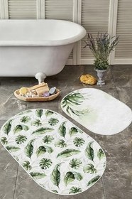 Resim RealHomes Beyaz Zemin Yeşil Tropik Yaprak Motifli 2'li Oval Kaymaz Tabanlı Banyo & Mutfak Paspas Takımı, PaspasTakimiElips-2li-Set310 