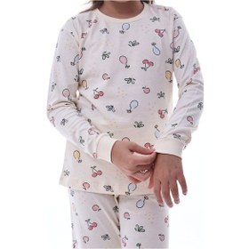 Resim Meyve Desenli Kız Çocuk Pijama %100 Pamuk, Rahat Ve Yumuşak Kumaşlı Set Krem 