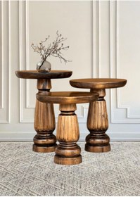 Resim ASELYA HOME Doğal Ahşap 3’lü Set Mantar Yan Sehpa Modern Ceviz Renk Fiskos Zigon Çiçeklik 