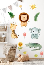 Resim Sevimli Safari Hayvanları ve Çiçekler Suluboya Kapı Cam Dolap Duvar Sticker Seti - 110x40 cm / Sulu Boya / Safari Hayvanlar 