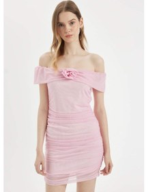 Resim DeFacto Bodycon Vücudu Saran Omuzu Açık Drapeli Pembe Tül Mini Abiye Elbise C8966AX24SMPN614 