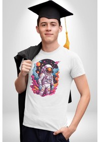 Resim Ay Mars Astronot Unisex Unisex Beyaz Organik Baskılı T-shirt Penye Yüksek Kalite Beyaz 