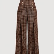 Resim Kadınlar İçin Yüksek Bel Geniş Paça Pantolon - Kahverengi/Bej/Beyaz/Siyah Ekose Desenli & Düğme Kapamalı, Tüm Mevsimler İçin Makinede Yıkanabilir Pantolon, Günlük ve Resmi Kullanım İçin - Şık Bol Kesim Dikim (OA115) 