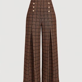 Resim Kadınlar İçin Yüksek Bel Geniş Paça Pantolon - Kahverengi/Bej/Beyaz/Siyah Ekose Desenli & Düğme Kapamalı, Tüm Mevsimler İçin Makinede Yıkanabilir Pantolon, Günlük ve Resmi Kullanım İçin - Şık Bol Kesim Dikim (OA115) 