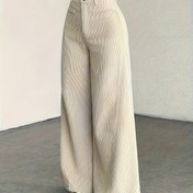 Resim Kadınlar İçin Yüksek Bel Geniş Paça Pantolon - Kadife Dokulu Günlük Uzun Pantolon, Tüm Mevsimlerde Rahat, Makinede Yıkanabilir Bej Pantolon 